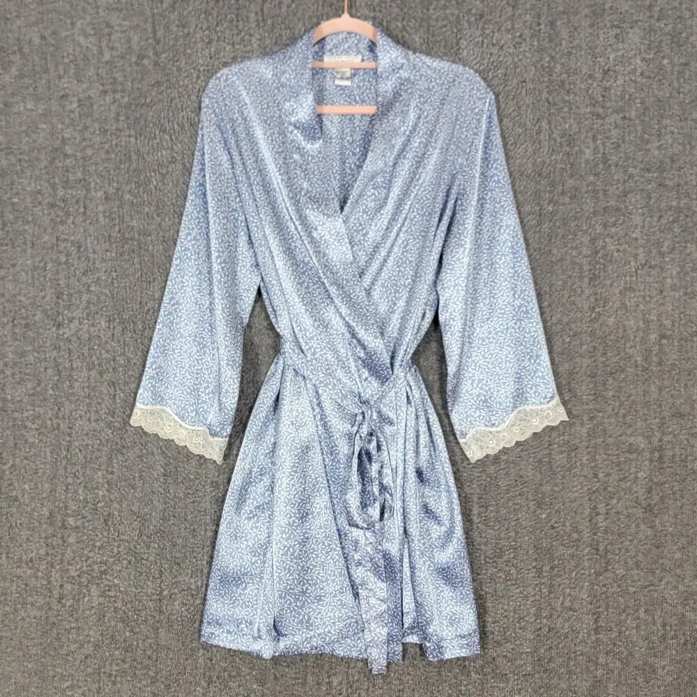 Vintage Morgan Taylor Intimates Robe XS Blue White Floral Satin 3/4 Sleeve Belt